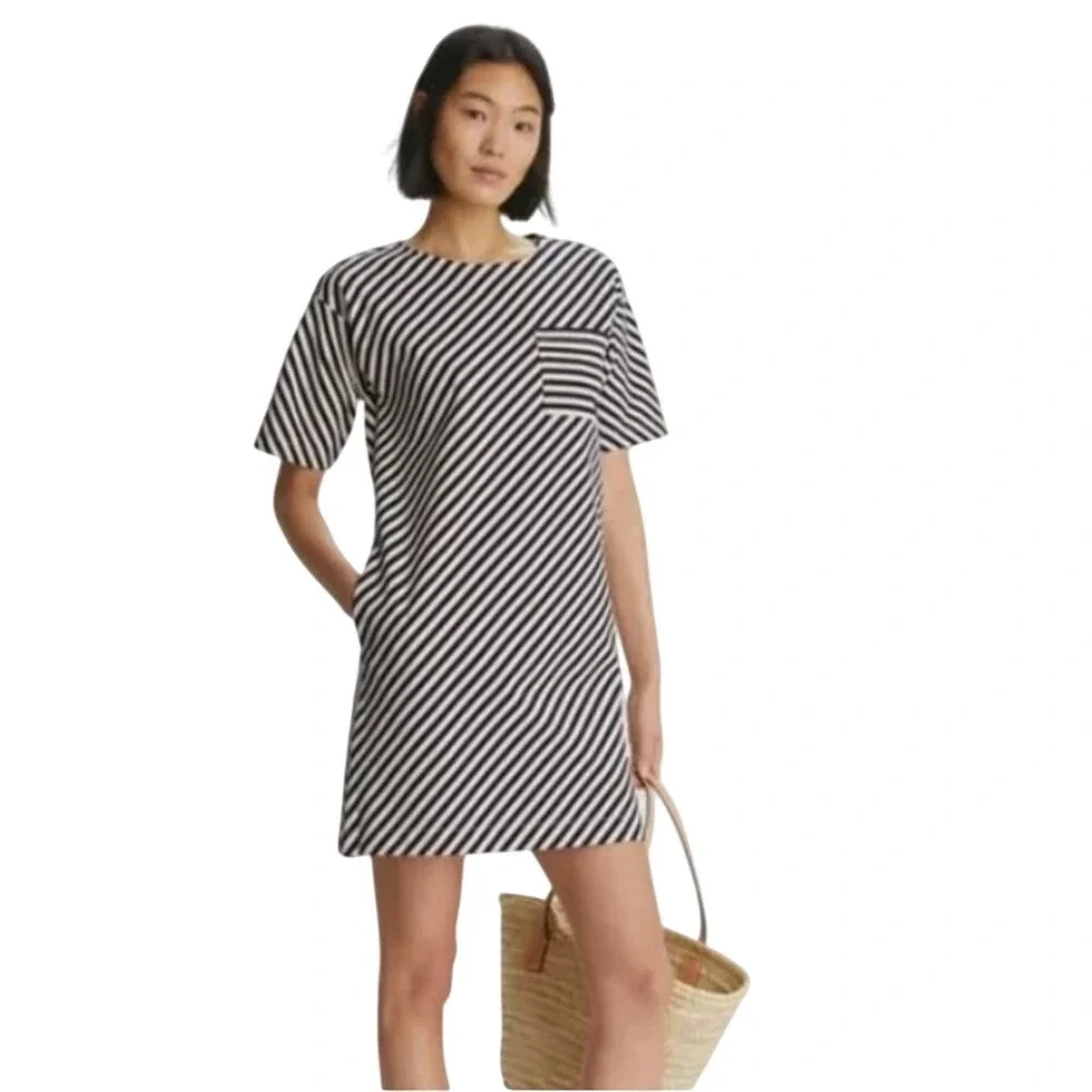 Tory Burch Striped T-Shirt Dress Navy Cream Nautical Pocket Shift Womens Medium